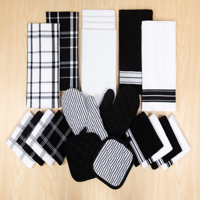 Mainstays, 20 Piece Set, Terry & Flat Kitchen Towel, Dish Cloth, Flour Sack, Oven Mitt, Pot Holder Black