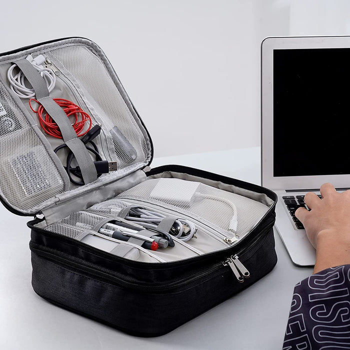 Electronics Organizer,  Electronic Accessories Bag Travel Cable Organizer Three-Layer for Ipad Mini, Kindle, Hard Drives, Cables, Chargers (Three-Layer-Black)