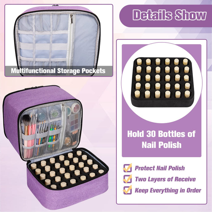 Nail Polish Organizer and Nail Dryer Case, Double-Layer Nail Polish Storage Holds 30 Bottles (15Ml/0.5 Fl.Oz) and 1 Led Nail Lamp, Travel Carrying Case for Nail Polish Kit Set (Purple)