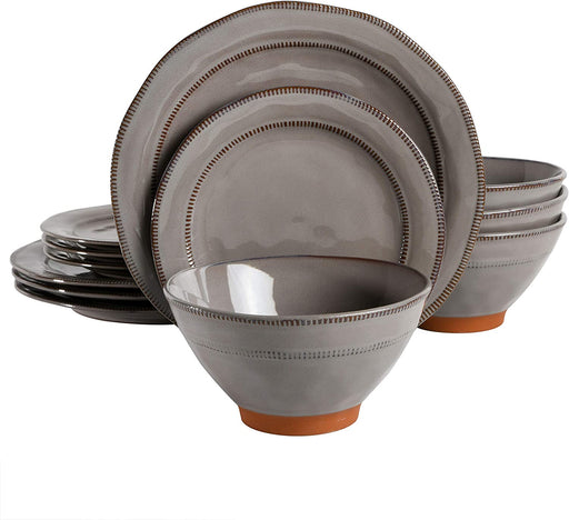 Gibson Elite Terranea round Reactive Glaze Terra Cotta Dinnerware Set, Service for Four (12Pcs), Grey