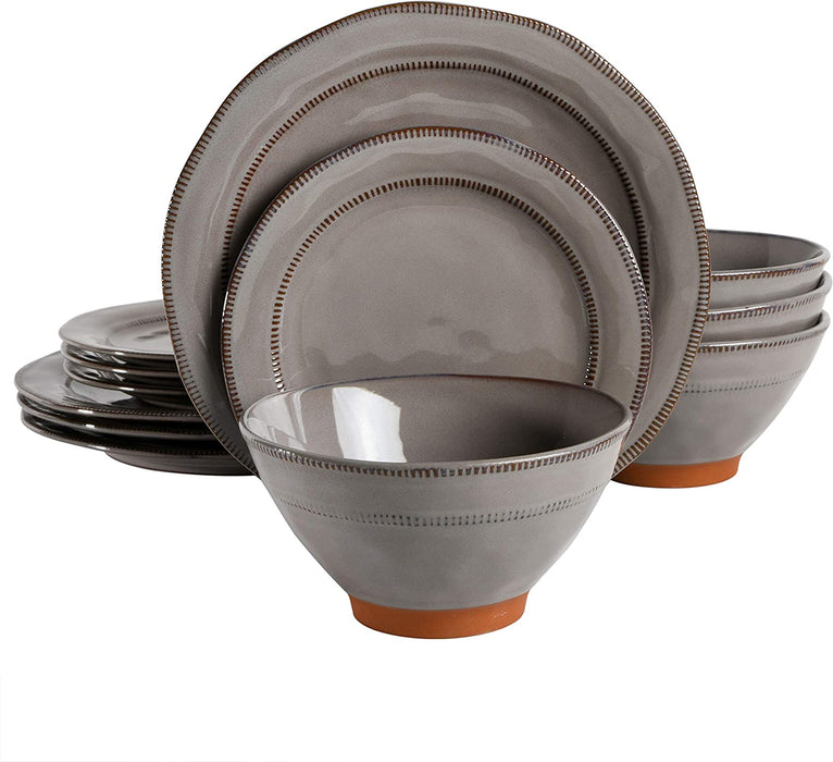 Gibson Elite Terranea round Reactive Glaze Terra Cotta Dinnerware Set, Service for Four (12Pcs), Grey