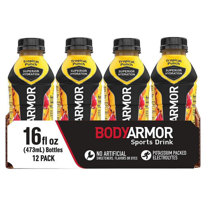 BODYARMOR Sports Drink Sports Beverage, Tropical Punch, Natural Flavor with Vitamins, Potassium-Packed Electrolytes, Perfect for Athletes, 16 Fl Oz (Pack of 12)