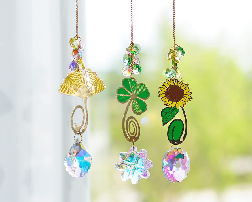 Hanging Crystal Suncatchers Prism, Glass Window Decorations, Rainbow Maker Wind Chime Sun Catcher, Sunflower&Clover&Ginkgo Leaf