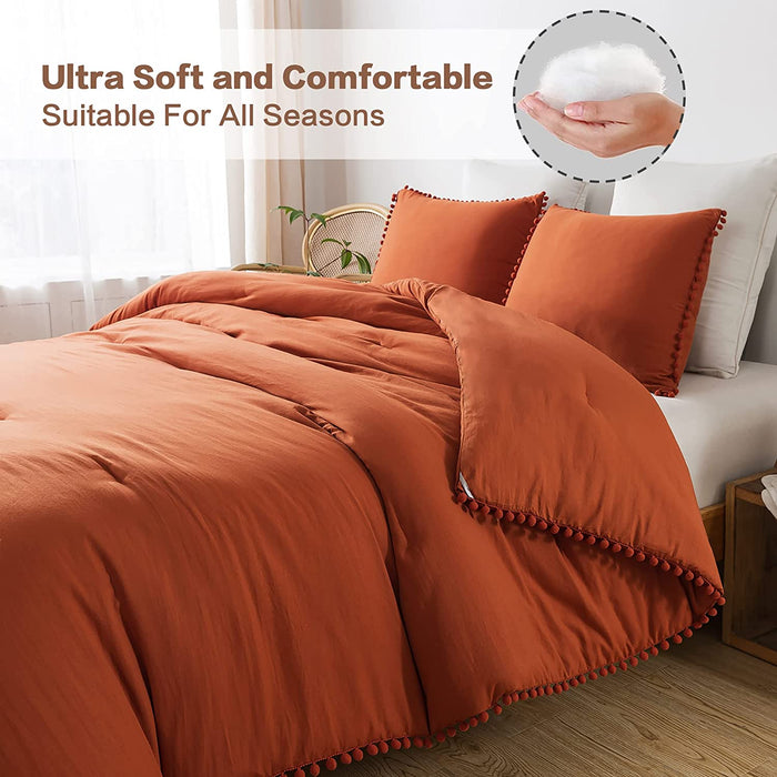 Terracotta Pom Comforter Full(79X90 Inch), 3 Pieces (1 Comforter, 2 Pillowcases) Luxurious Ball Pom Fringe Design Comforter Set, Soft Microfiber down Alternative Bedding Set