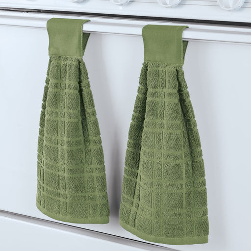 Hanging Tufted Design Kitchen Towels - Set of 2 - Touch Tab Top Closure - Hangs on Appliances, Drawer Handles - Machine Wash, Cotton - 18"L X 16"W - 3 Colors