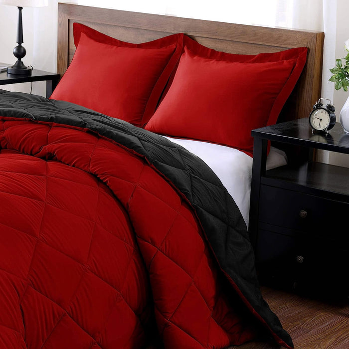 Lightweight Solid Comforter Set (King) with 2 Pillow Shams - 3-Piece Set - Red and Black - down Alternative Reversible Comforter