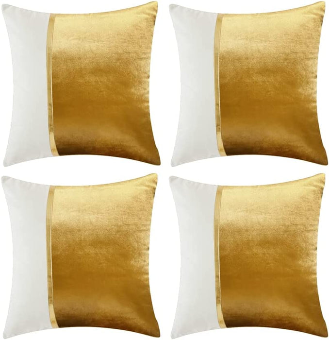 4 Packs Gold Decorative Throw Pillow Covers 18X18 Inch for Living Room Couch Bed Sofa, Gold and White Velvet Patchwork with Gold Leather, Luxury Home Decor Square Cushion Case 45X45 Cm