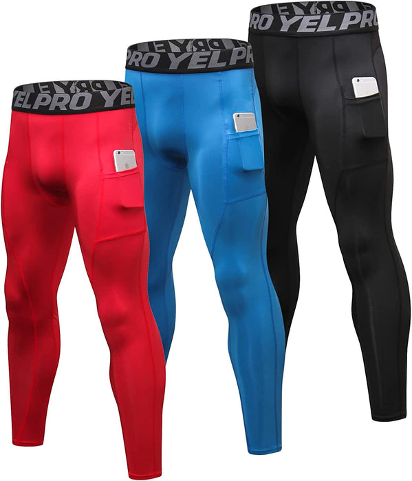 3 Pack Men'S Compression Pants Cool Dry Athletic Tights Sport Leggings with Pocket Baselayer for Running Football Yoga