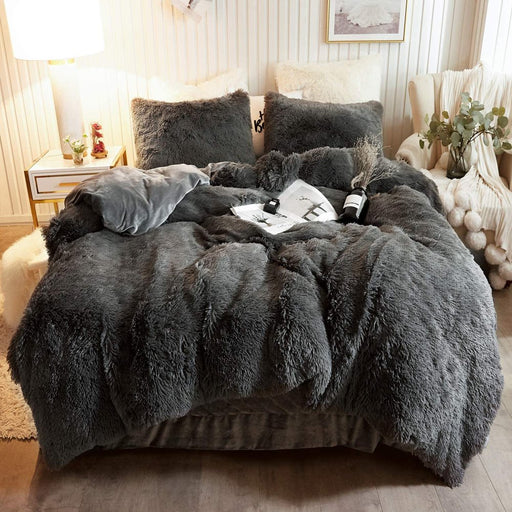 3 Piece Faux Fur Comforter Cover Set, Furry Plush Duvet Cover Set, Luxury Ultra Soft Velvet Fuzzy Fluffy Bedding Set, Shaggy Duvet Cover with 2 Pillow Shams, Zipper Closure, Queen Size, Dark Gray
