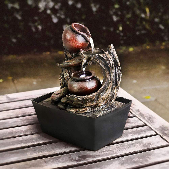 Tabletop Water Fountain Indoor - Tree Trunk with Jar Rustic Fountains Small Feng Shui Zen Waterfall Fountain W/ LED Light & Soothing Sounds for Office Home Desktop Decor (Brown)