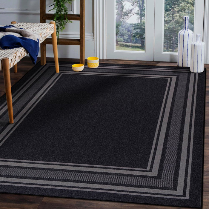 Indoor Bordered Area Rugs, Non Slip Rubber Backing Modern Living Room Area Rug, Black, 5'X7'