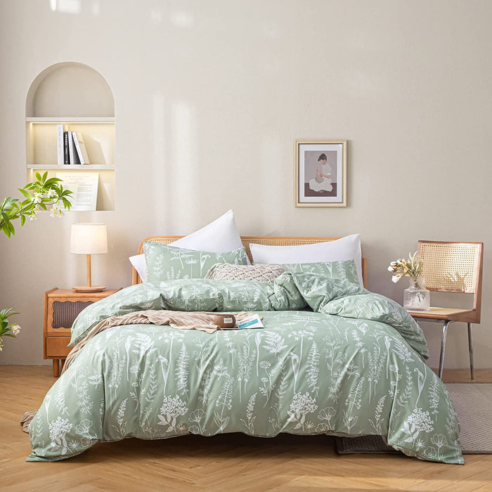 Queen Comforter Set Sage Green Comforter,3 PCS Bedding Sets Floral Comforter Set Plant Flowers Printed on Fluffy Comforter Set for All Season