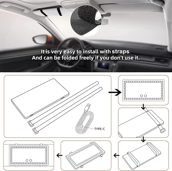 Car Sun Visor Vanity Mirror, Rechargeable Makeup Mirror with 3 Light Modes & 60 Leds - Dimmable Clip-On Rear View Sun-Shading Cosmetic Mirror with Touch on Screen, Universal for Truck SUV (Black)