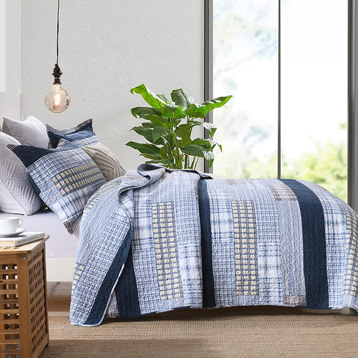 Quilt Queen Size 100% Cotton Queen Size Quilts Blue Beige White Bedspreads Plaid Quilts Lightweight Soft Breathable Bedding Sets for All Season, 3 Piece