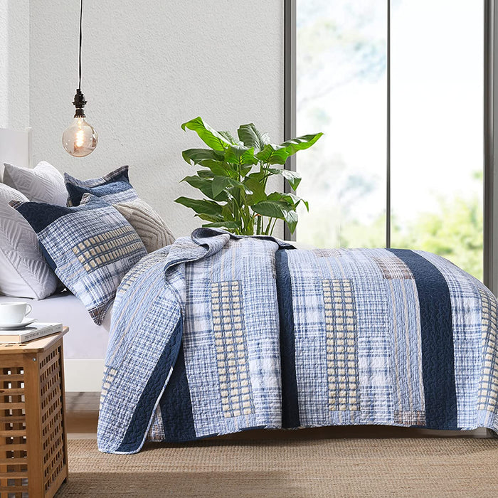 Quilt Queen Size 100% Cotton Queen Size Quilts Blue Beige White Bedspreads Plaid Quilts Lightweight Soft Breathable Bedding Sets for All Season, 3 Piece
