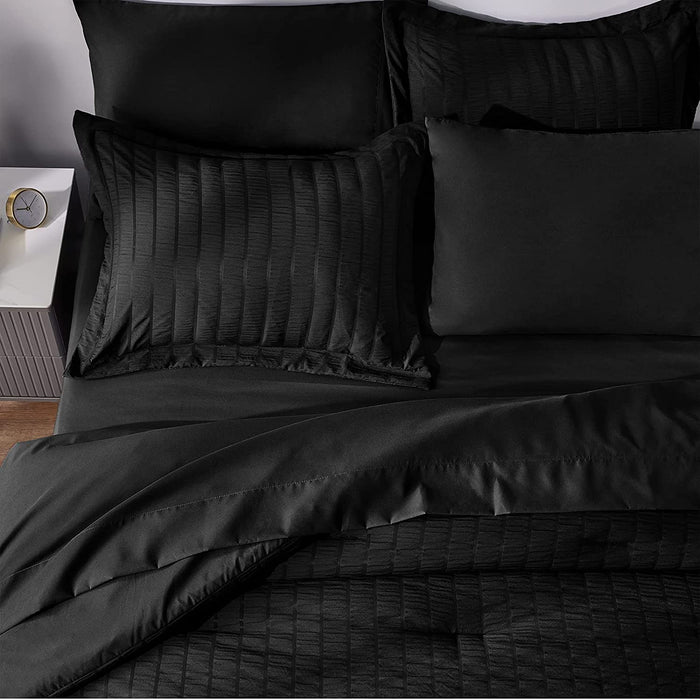 Queen Seersucker Comforter Set with Sheets Black Bed in a Bag 7-Pieces All Season Bedding Sets with Comforter, Pillow Sham, Flat Sheet, Fitted Sheet, Pillowcase