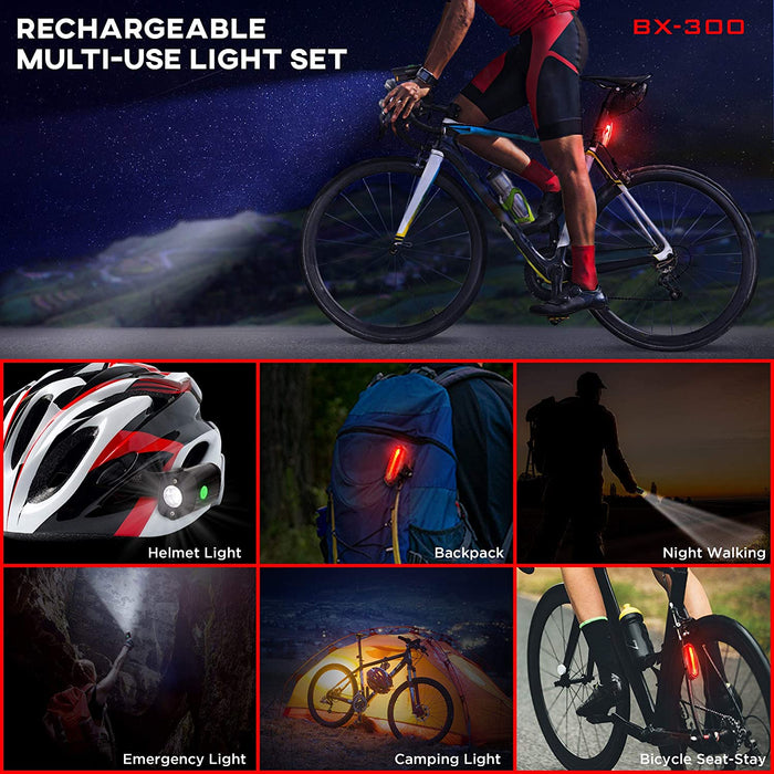 BX-300 Rechargeable Bike Light Set - Powerful Front and Back Lights, Bicycle Accessories for Night Riding, Cycling Safety Best Headlight with USB Tail Rear for Adults Kids Men Women Road Mountain