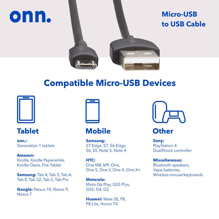 Onn. Micro-Usb to USB Cable, 3 Ft, White