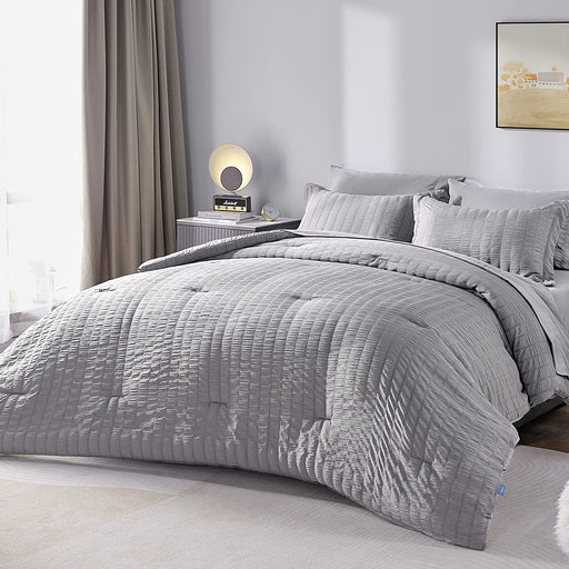 Cozylux Queen Bed in a Bag Light Grey Seersucker Textured Comforter Set with Sheets 7-Pieces All Season Bedding Sets with Comforter, Pillow Sham, Flat Sheet, Fitted Sheet and Pillowcase