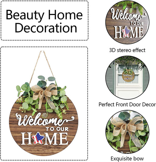 Interchangeable Seasonal Welcome Sign Front Door Decoration, Rustic round Wood Wreaths Wall Hanging Outdoor, Farmhouse, Porch, for Spring Summer Fall All Seasons Holiday Halloween Christmas.