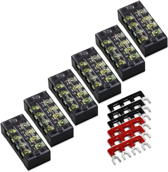 Terminal Block and Strip - 12Pcs (6 Sets) 4 Positions Dual Row 600V 25A Screw Terminal Strip Blocks with Cover + 400V 25A 4 Positions Pre-Insulated Terminals Barrier Strip Black & Red
