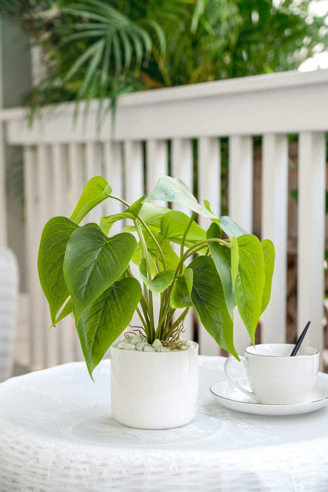 Fake Plants in Ceramic Pot, 11" Potted Artificial Plants for Home Decor Indoor Faux Green Leaf Plant with Modern White Planter for Desk Shelf Office Room Decoration (Pothos)
