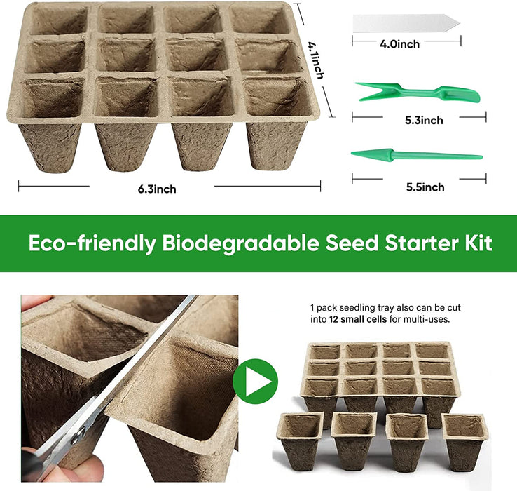 288 Cells Seedling Start Trays with Drain Holes,24 Pcs Peat Pots Seedling Pots Biodegradable,Seedling Starter Kit,Organic Germination Plant Starter Trays(24Xlabels,2Xtransplant Tools,24Pcsxtrays)
