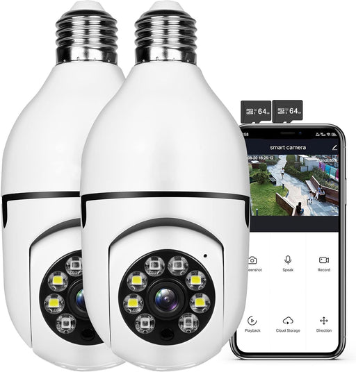 Security Wireless Camera Wifi 1080P Smart for Home Surveillance Screw into the E27 Socket Spotlight Alarm Color Night Vision Two-Way Talk Motion Alarm PTZ 360 Degree(2Packs with 64 SD Cards