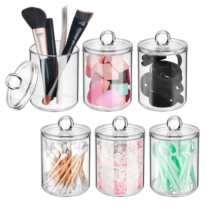 6 Pack Qtip Holder Dispenser Apothecary Jars Bathroom Accessories Set - Qtip Holder Storage Canister Clear Plastic Acrylic Jar for Cotton Ball, Cotton Swab, Q-Tips, Cotton Rounds