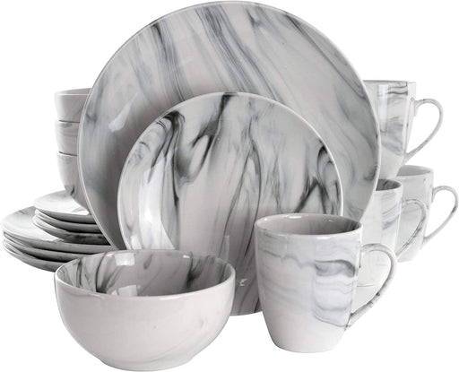 Fine round Gloss Dinnerware Dish Set, 16 Piece, Black and White Marble