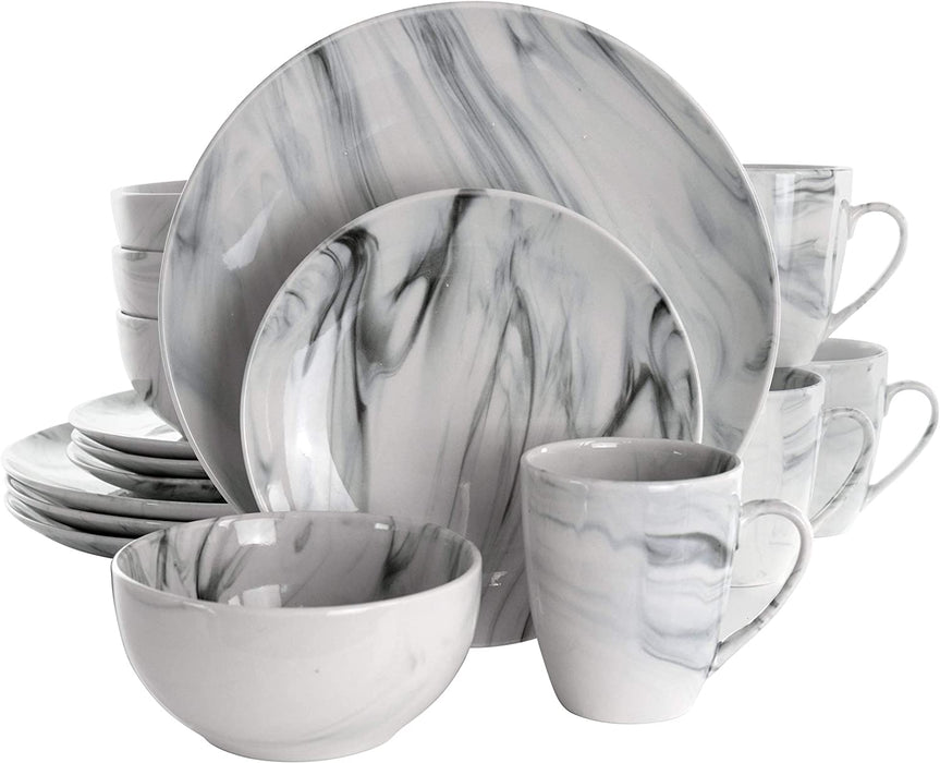 Fine round Gloss Dinnerware Dish Set, 16 Piece, Black and White Marble