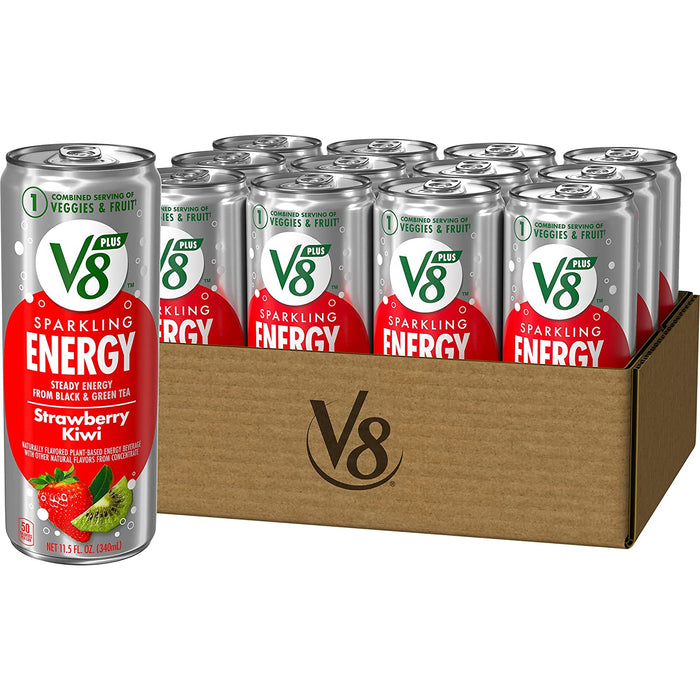 V8 +SPARKLING ENERGY Strawberry Kiwi Energy Drink, Made with Real Vegetable and Fruit Juices, 11.5 FL OZ Can (Pack of 12)
