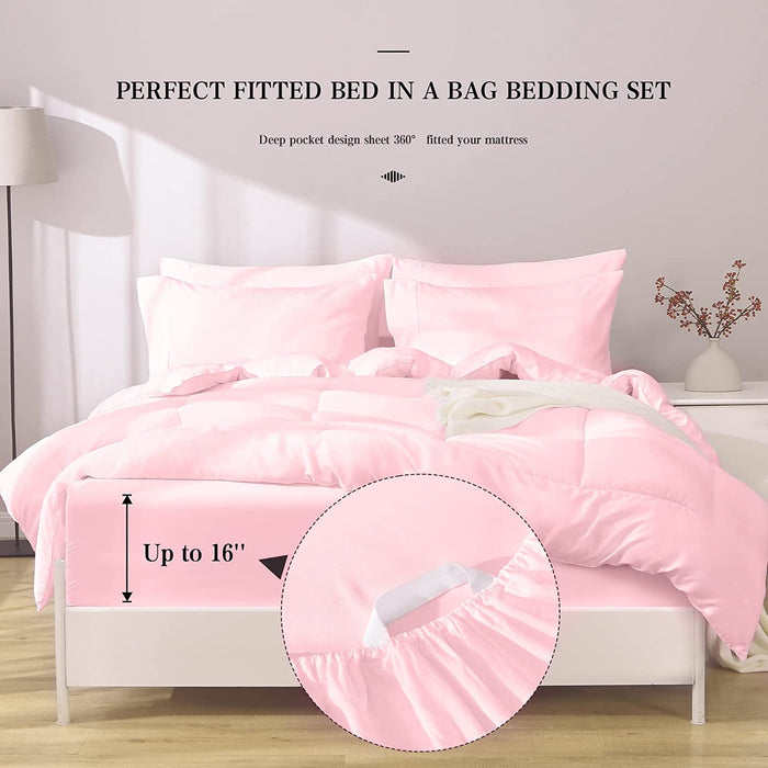 Full Size 7 Pieces Bed in a Bag Bedding Set - Lightweight Pink Comforter Set, All Season Ultra Soft down Alternative Bedding Comforter Set with Comforter, Pillowcases, Flat Sheet, Fitted Sheet