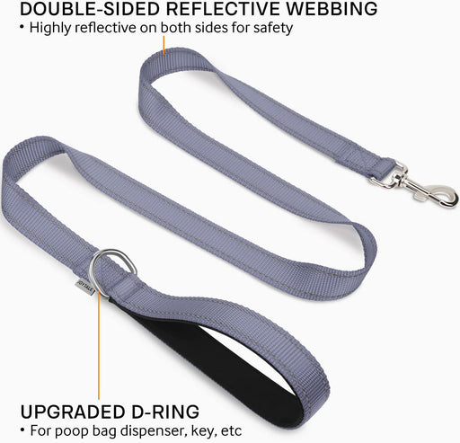 Double-Sided Reflective Dog Leash, 6 FT/5FT/4 FT, Padded Handle Nylon Dogs Leashes for Walking, Training Lead for Small & Medium Dogs, Gray, 5FT