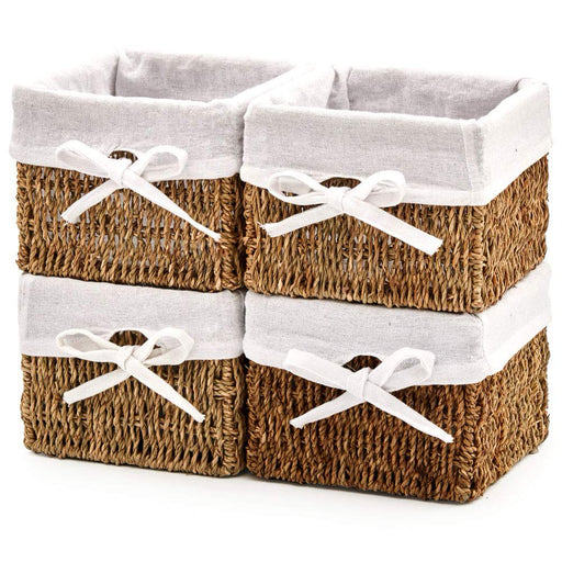 Natural Woven Seagrass Wicker Storage Nest Baskets Shelf Organizer Container Bins with Liner - Set of 4 ( 7 X 7 X 5.5 Inches)