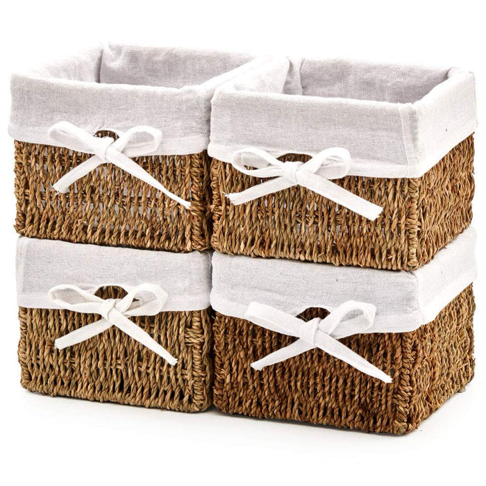 Natural Woven Seagrass Wicker Storage Nest Baskets Shelf Organizer Container Bins with Liner - Set of 4 ( 7 X 7 X 5.5 Inches)
