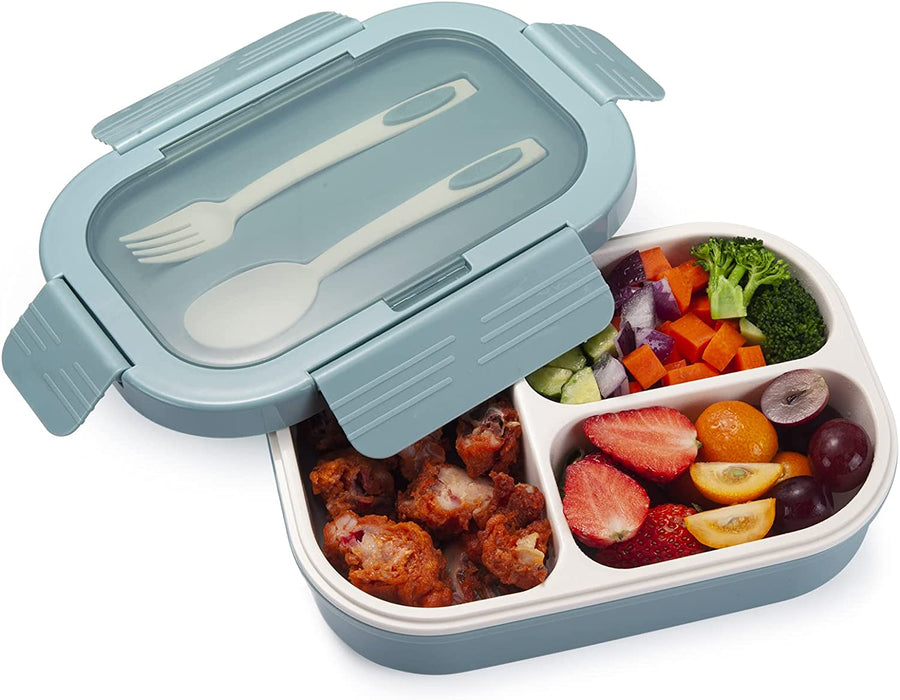 Bento Lunch Box - Leak-Proof 3 Compartment Lunch Containers for Adults and Kids Bpa-Free and Dishwasher Safe Bento Box with Spoon, Fork & Knife(Light Blue)