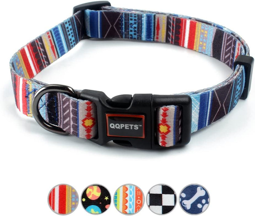 QQPETS Adjustable Soft Dog Collar: Print Flower Pink Multicolor Cute Patterns for XS Small Medium Large Pet Girl Boy Puppy Walking Running Training (M, Bone)