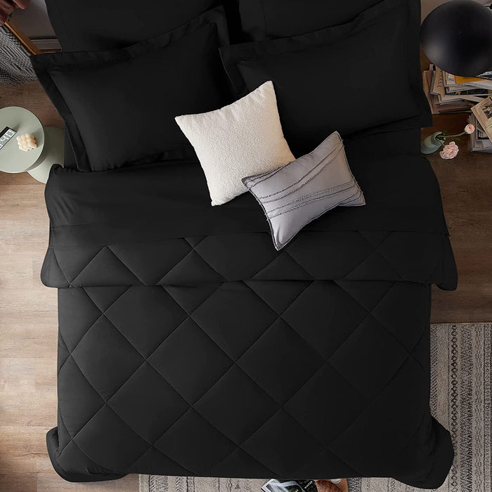 Queen Comforter Set with Sheets 7 Pieces Bed in a Bag Black All Season Bedding Sets with Comforter, Pillow Shams, Flat Sheet, Fitted Sheet and Pillowcases