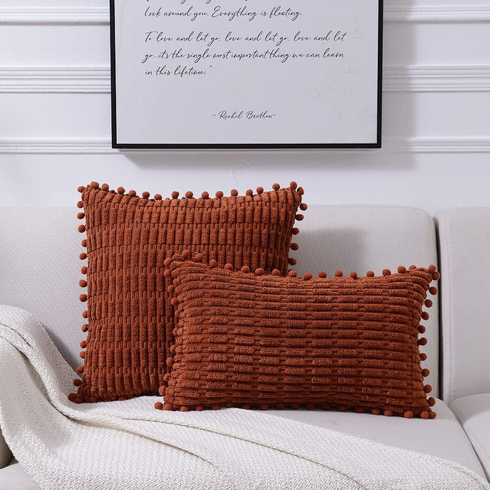 2 Packs Rust Decorative Throw Pillow Covers 18X18 Inch with Pom-Poms for Couch Bed Living Room, Farmhouse Boho Home Decor, Terracotta Soft Corduroy Cute Square Cushion Case 45X45 Cm