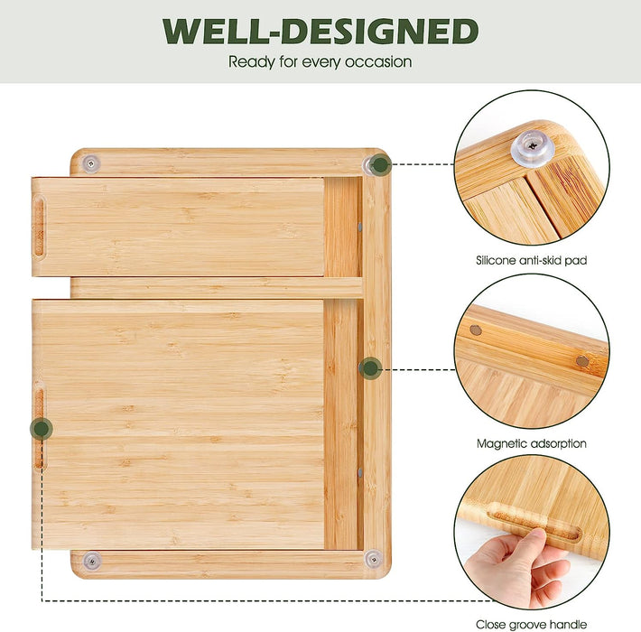 Bamboo Charcuterie Boards Cheese Board Knife Set, 15.7"X 13" Charcuterie Board and Hidden Serving Trays X2 for Charcuterie Cheese Fruit,House Warming New Home for Couple Women Mom