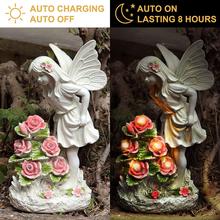Garden Figurines Angel Garden Statue Outdoor Decor, Solar Powered Resin Sculpture with 5 Leds Art Decoration for Patio Lawn Yard Porch, Ornament Housewarming Garden Gift, 12.8 X 7.5 X 6.1 Inch