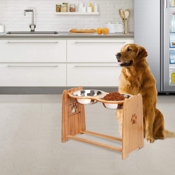 Raised Pet Bowls for Cats and Dogs, Adjustable Bamboo Elevated Dog Cat Food and Water Bowls Stand Feeder with 2 Stainless Steel Bowls and anti Slip Feet (Height 7.9" to 11.4" to 15")