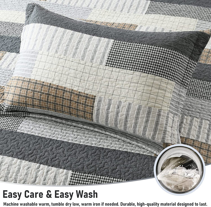 Quilt Queen Size 100% Cotton Queen Size Quilts Grey Black Brown Bedspreads Plaid Quilts Lightweight Soft Breathable Bedding Sets for All Season, 3 Piece