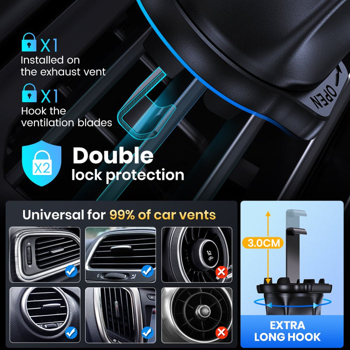 Cell Phone Holder for Car with Hook Clip Air Vent Car Mount 360° Rotation Universal Mobile Phone Mount