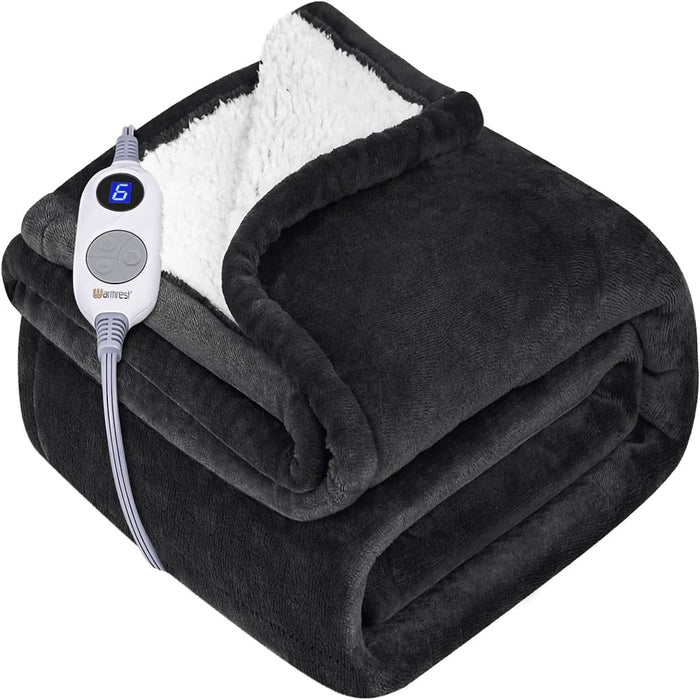 Warmrest Electric Throw Blanket Heated Blanket with 6 Heating Levels and 4 Hours Auto Shut Off, Flannel to Sherpa Super Cozy Heating Blanket, Machine Washable, 50" X 60", Charcoal