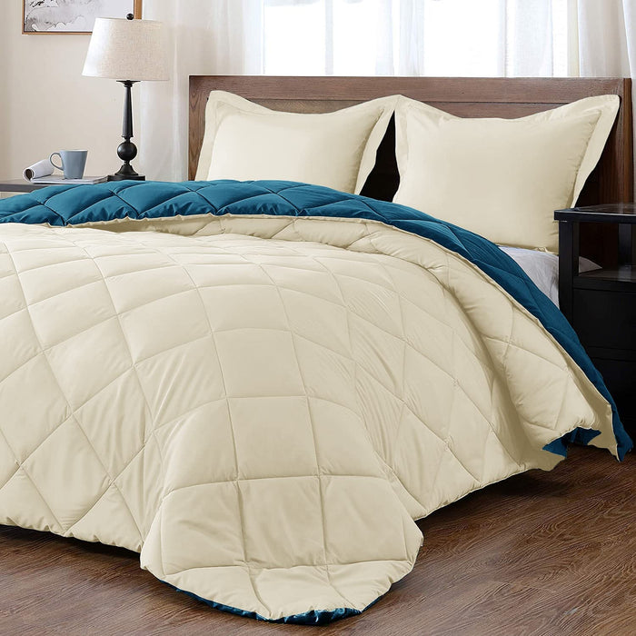 Lightweight Solid Comforter Set (King) with 2 Pillow Shams - 3-Piece Set - Teal Blue and White - down Alternative Reversible Comforter