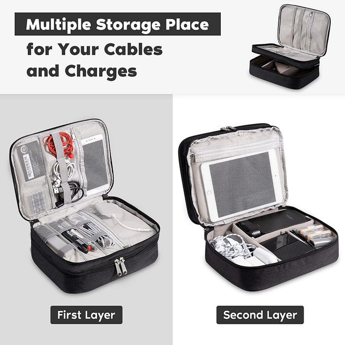 Electronics Organizer,  Electronic Accessories Bag Travel Cable Organizer Three-Layer for Ipad Mini, Kindle, Hard Drives, Cables, Chargers (Three-Layer-Black)