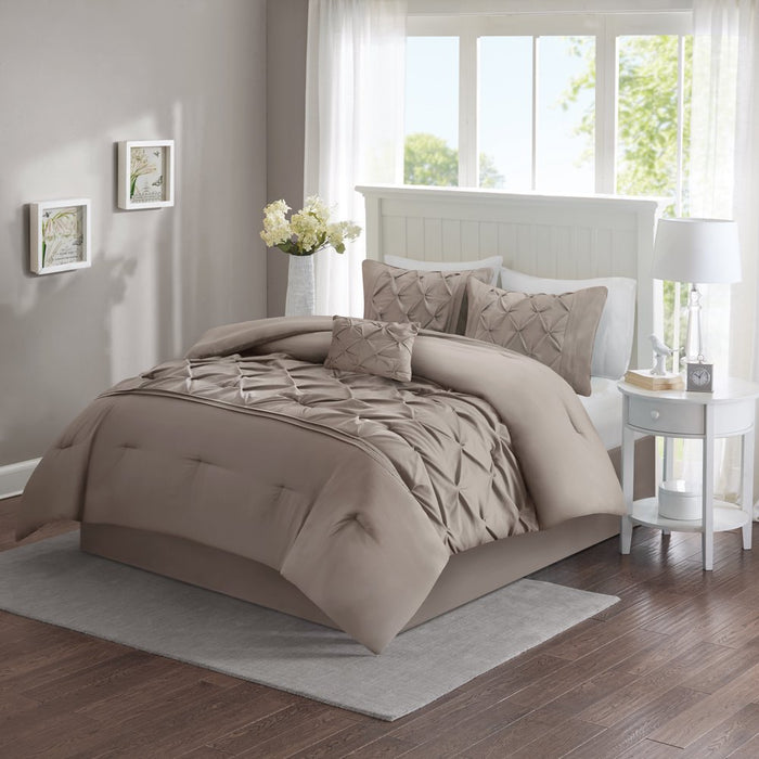 Comfort Spaces Cavoy Faux Silk 5-Piece Tufted Taupe Comforter Set with Bed Skirt and Decorative Pillow, King