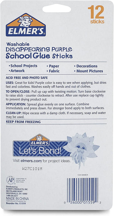 Elmer'S Disappearing Purple School Glue Sticks, Washable, 6 Grams, 12 Count